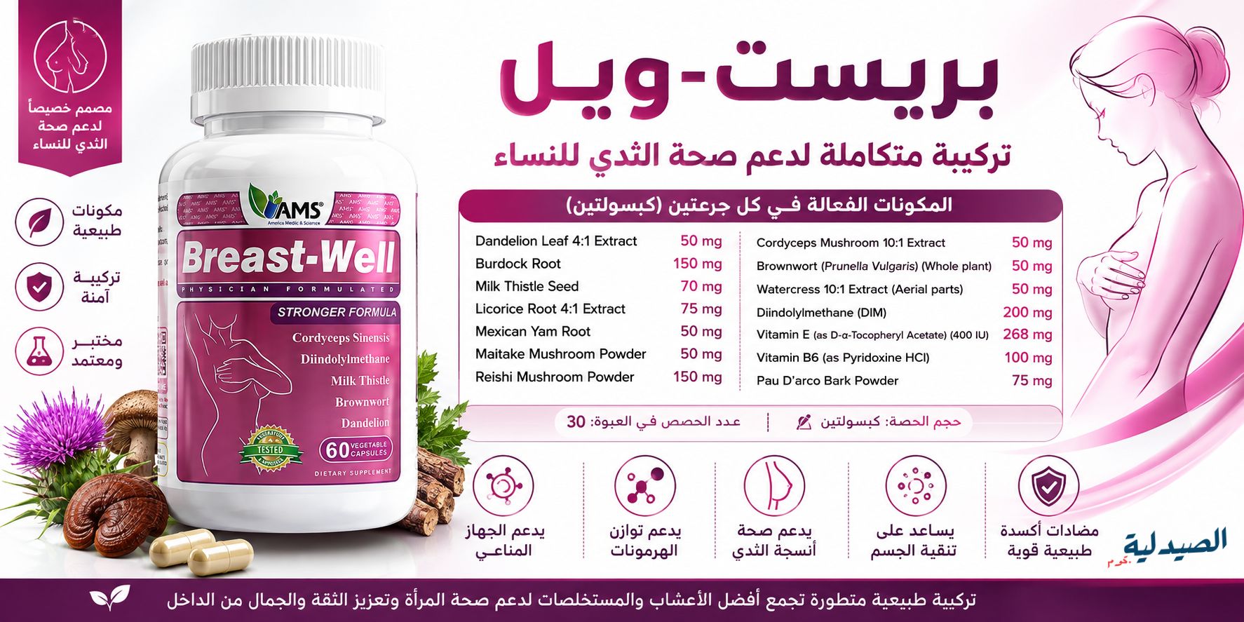 برست ويل لصحة الثدي 60 كبسولة | breast well ams 1 برست ويل لصحة الثدي -ams BreastWell